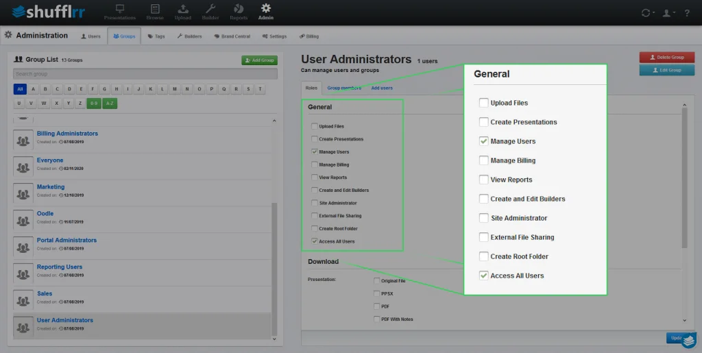User admin view in Shufflrr
